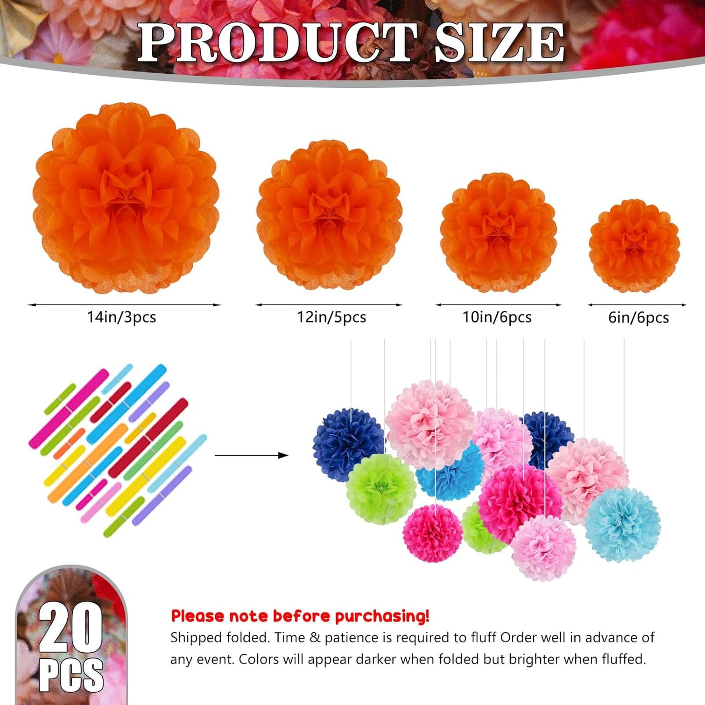 Tissue Paper Pom Poms, Orange Tissue Paper Flowers, Hanging Flower Balls for Weddings Fiesta Parties Birthday Baby Showers Classroom Bridal Shower Decoration (20Piece Set-6/10/12/14Inch)
