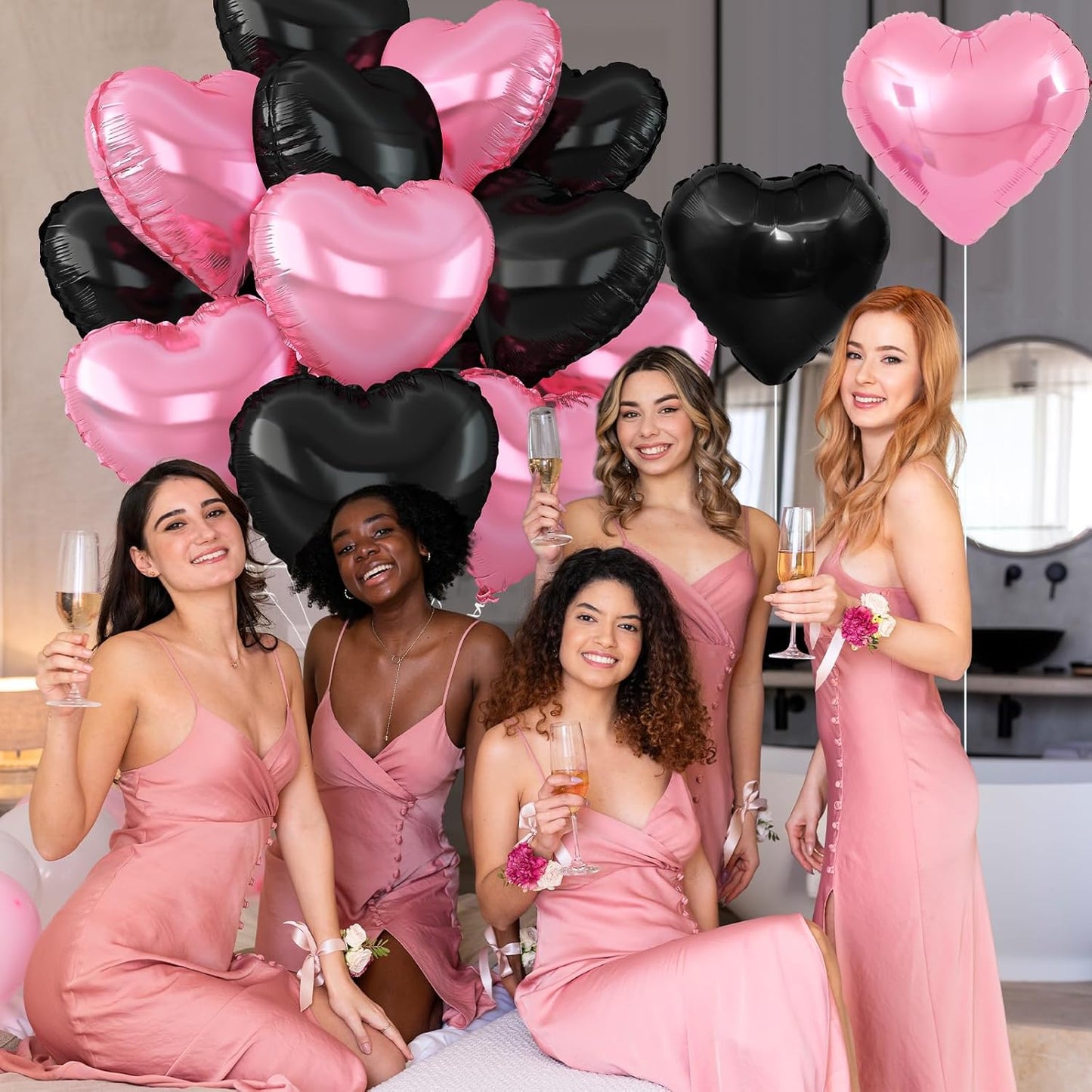 Pink Black Heart Balloons,12Pcs Light Pink Heart Shaped Foil Balloons,18Inch Black Pearl Pink Helium Balloon for Baby Shower Birthday Anniversary Wedding Party Decorations