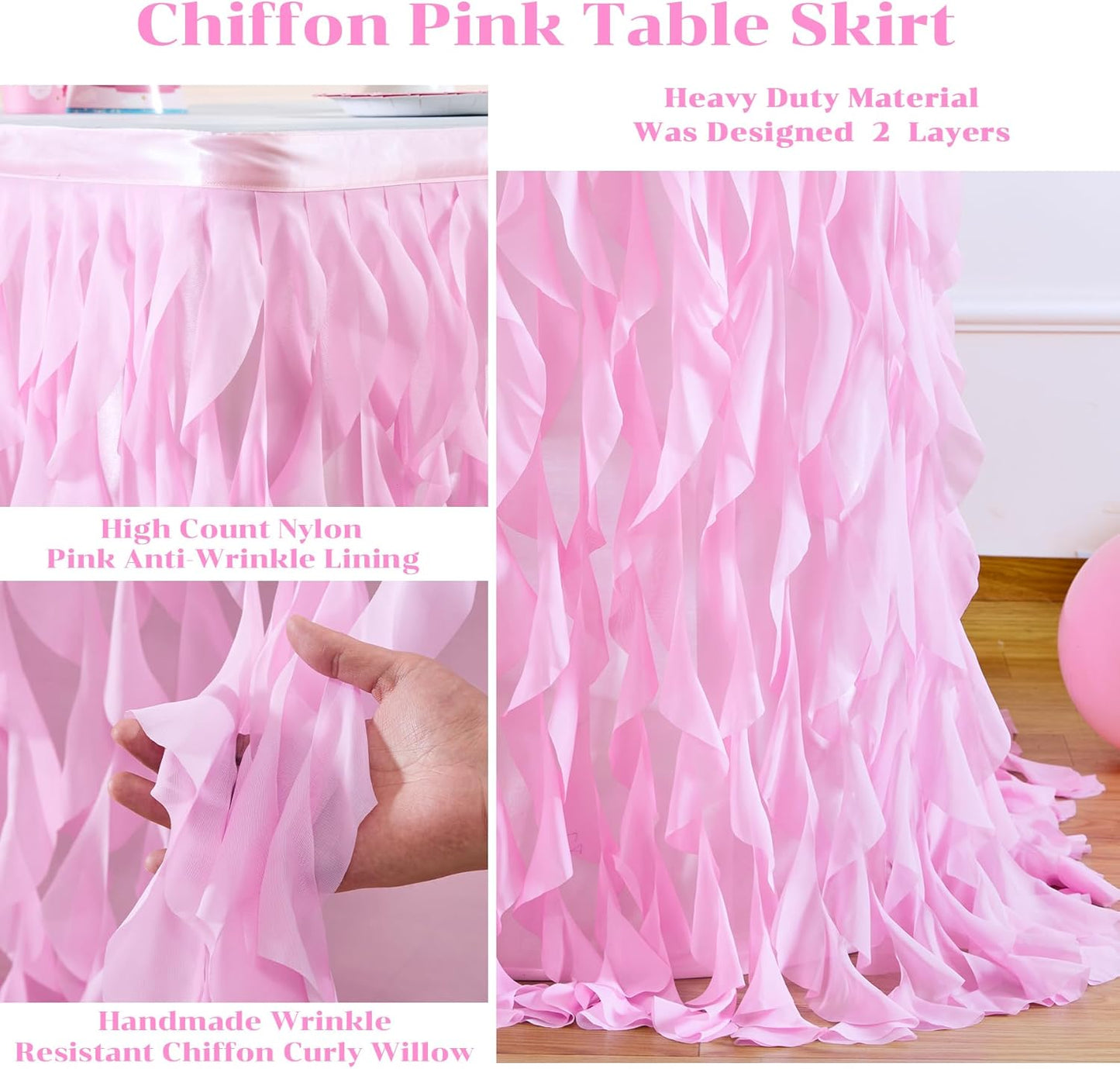 Partisky Pink Tulle Curly Willow Table Skirt for Rectangle Table 9ft, Ruffle Tutu Table Cloth for Girls Baby Shower,Birthday Party Candy Cake Tables