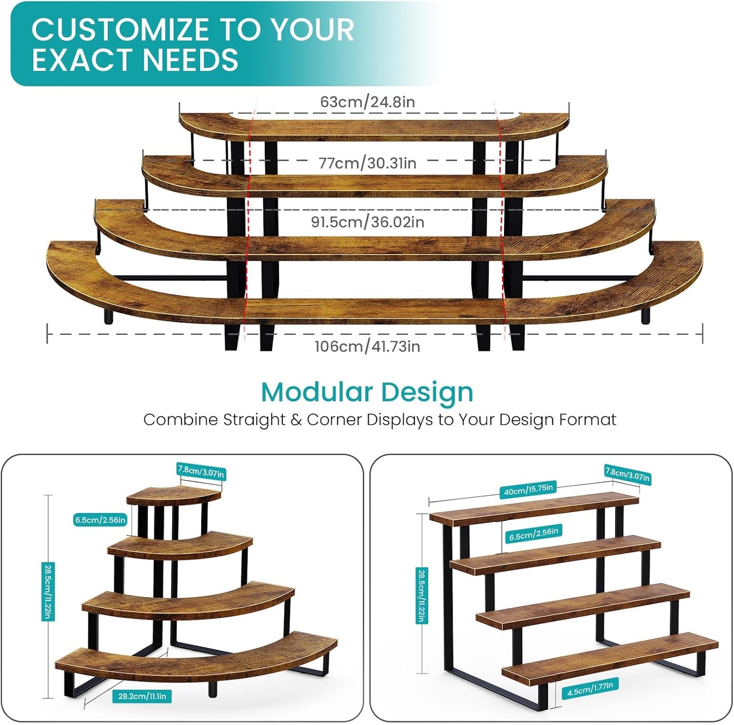 ELITEROO Cupcake Tier Stand, Wooden Cup Cake Stand Stairs, 4 Tier Dessert Table Display Set for Cookie Cocktail Candy Donut, Display Riser for Vendors Craft Show, Rustic Brown Curved Corner