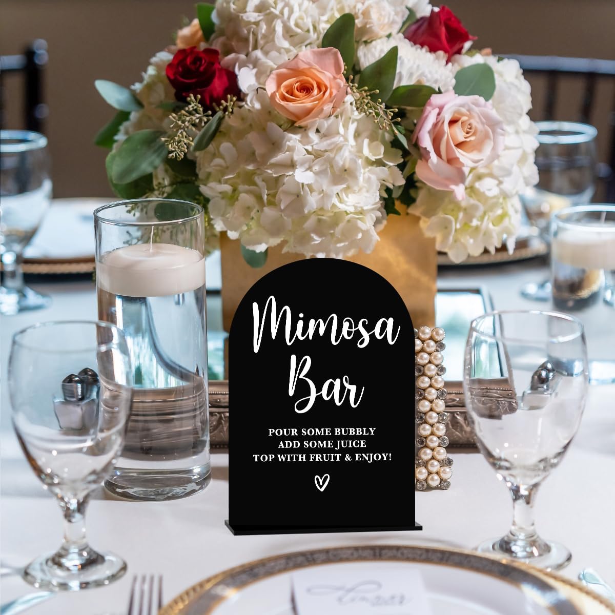 Acrylic Wedding Signs, Bridal Shower Decorations, Mimosa Bar Signs for Reception, Modern Calligraphy Arch Acrylic Table Top Sign for Wedding Reception and Engagement Parties (Black)