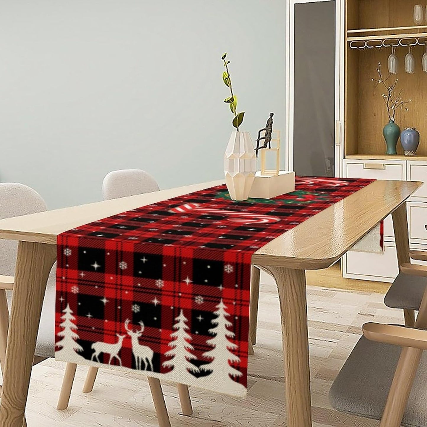 Christmas Table Runner, Red Winter Xmas Holiday Table Cloth Kitchen Dining Table Decoration for Home Party Decor 13x108 Inch