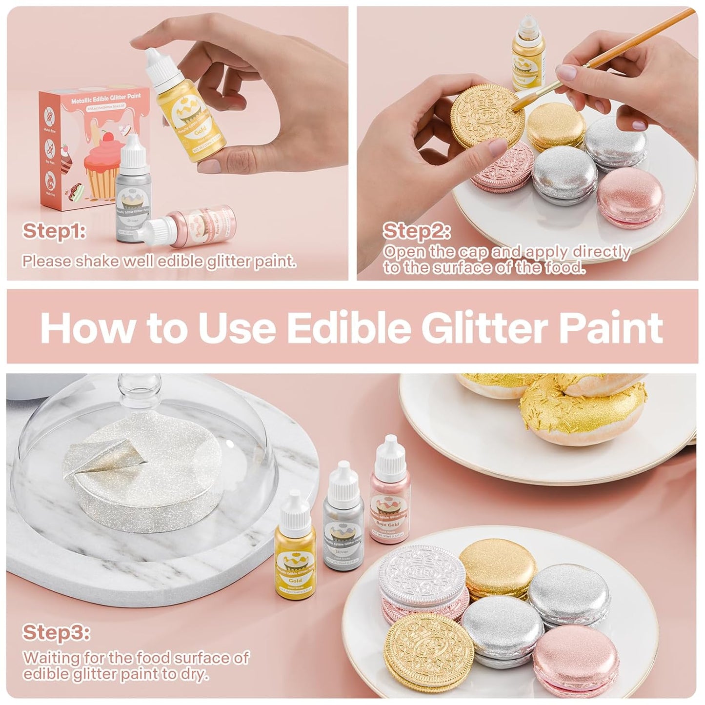 Edible Glitter Paint - 3 Colors Glitter Decorative Cake Paint Metallic Glitter, Food Grade Paint Edible Paint for Cake Decorating, Baking, Candy, Cookie, Chocolate -0.5 fl.oz(15ml)/Bottle (Gold, 3 color)