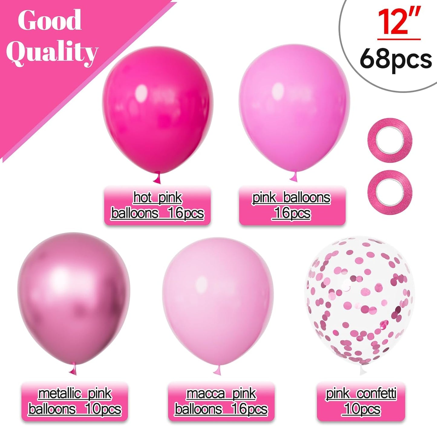 68Pcs Pink Balloons Kit 12 Inch Metallic Pink Balloon, Pink Confetti Balloon and Baby Pink Party Balloons with Ribbons for Birthday, Wedding, Baby Shower, Graduation Decorations.