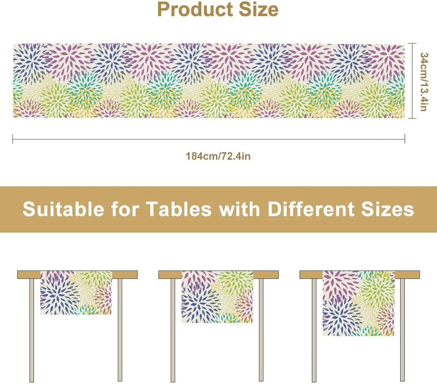 Purple Flowers Table Runner, Chrysanthemum Dahlia Vintage Modern Colorful Spring Summer Elegant Table Runner for Party Kitchen Dining Living Room Laundry Room Decor, 13x120 Inch