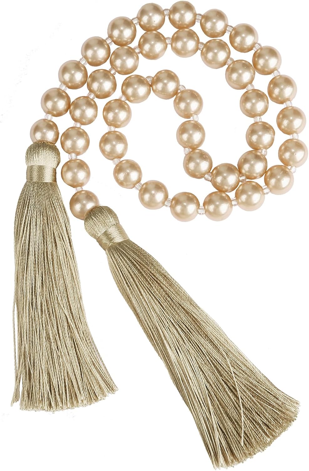 Fenghuangwu 34 Inch Pearl Glass Bead Garland with Tassels - Elegant Boho Table Decor, Fringe Wall Hanging for Wedding, Party, Farmhouse Rustic Prayer Bead Home Decoration(1 Pack,Champagne Gold)