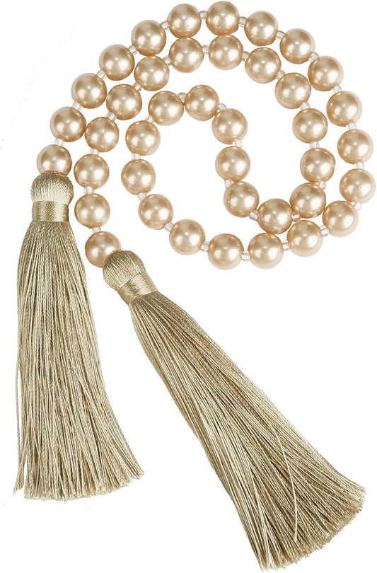 Fenghuangwu 34 Inch Pearl Glass Bead Garland with Tassels - Elegant Boho Table Decor, Fringe Wall Hanging for Wedding, Party, Farmhouse Rustic Prayer Bead Home Decoration(1 Pack,Champagne Gold)