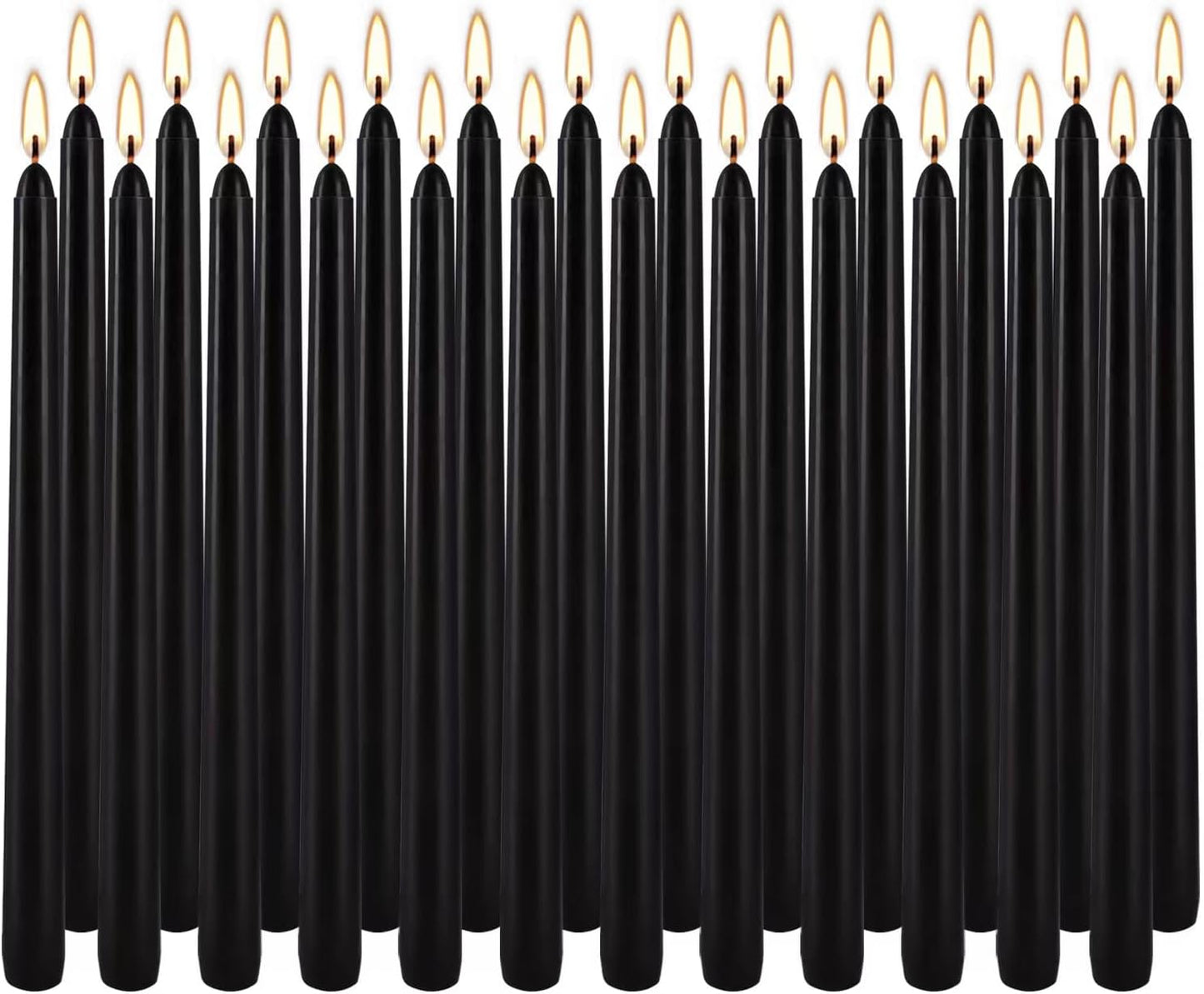 24 Pack Black Taper Candles, 7-8 Hours Burn Time, Unscented, Smokeless and Dripless, 0.75 x 10 Inch Dinner Candle Set for Halloween, Household, Wedding, Party and Home Décor Candlesticks
