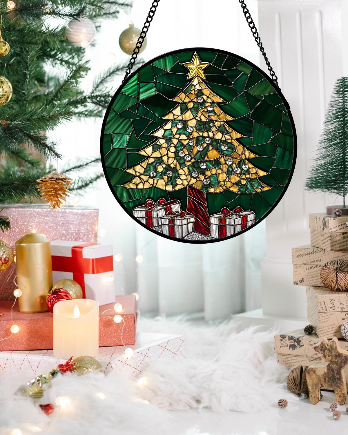 Stained Glass Window Hanging - Gold Green Christmas Tree Suncatcher for Doors Home Christmas Decoration Winter Sun Catcher Thanksgiving New Year Birthday Gifts for Women Men Mom Nana 6.3 in