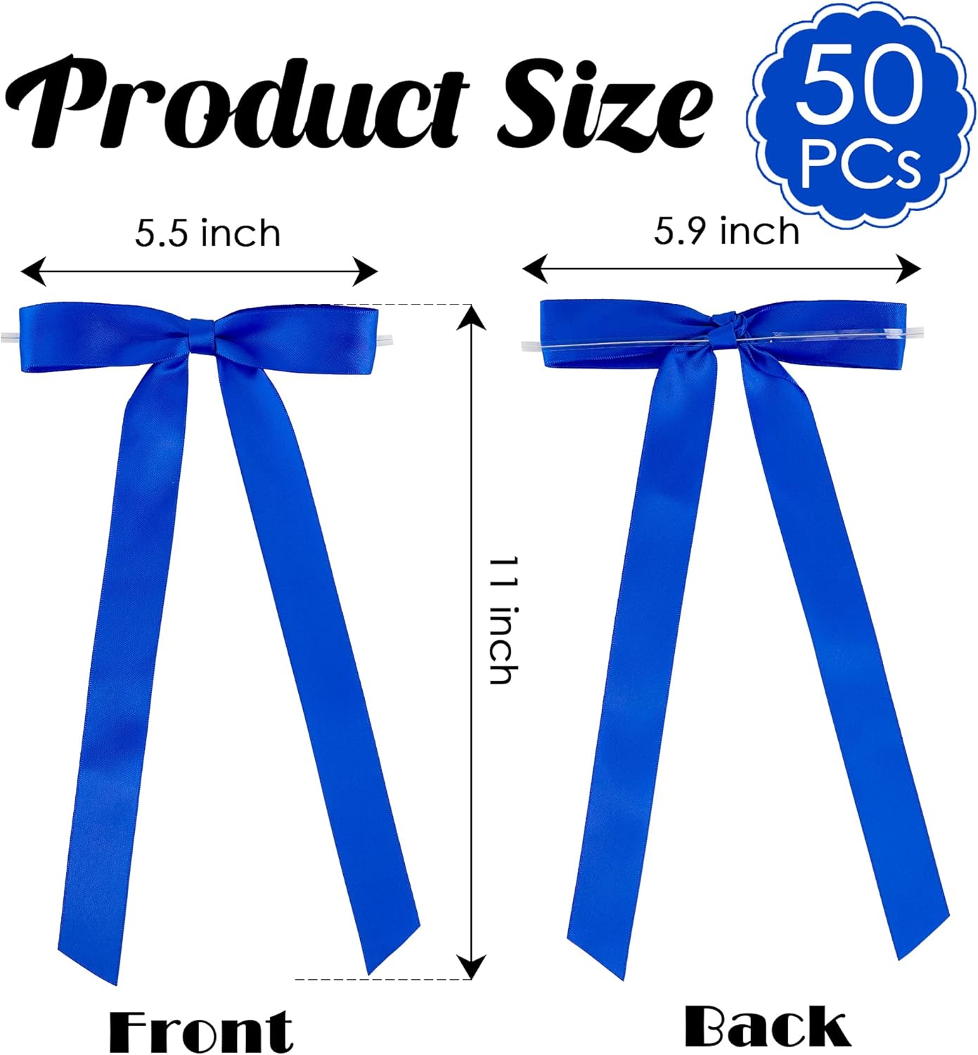 50 PCs Royal Blue Bow Decor 5.5'' Satin Bows with Long Tail, Twist Tie Bows for Craft, Packaging Ribbon Bows, Premade Bows for Cake Decorating, Gift Bows for Treat, Wedding Favor, Party