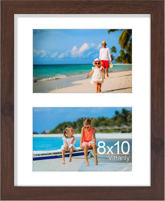 Vittanly 8x10 Collage Picture Frame, Displays 2Pcs 4x6 Pictures with Mat, Photo Frame for Wall Mounting or Table Top with Stand, Brown, 1 Pack