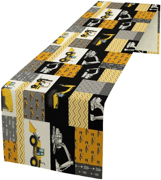 Excavator Table Runner,Boys Kids Construction Vehicles Equipment Trucks Cartoon Car Tablecloth Burlap for Hotel Indoors Outdoor Dining Room Kitchen Holiday Party, 13x70in