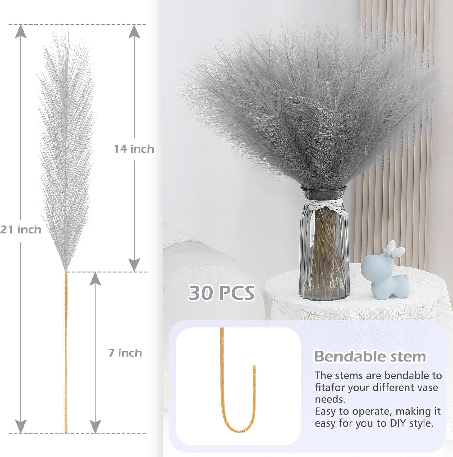 Grey Pampas Grass Decor 30 Pcs 21.7 Inch Faux Gray Pampas Grass Bulk Artificial Dried Flowers Small Vase Filler Pompas Grass.