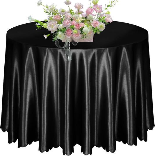 KKJIAF 1 Pack 108 Inch Round Table Cloth, Black Overlay Round Satin Table Cover, Silky Satin Dining Tablecloths for Wedding Buffet Parties Banquet Decoration