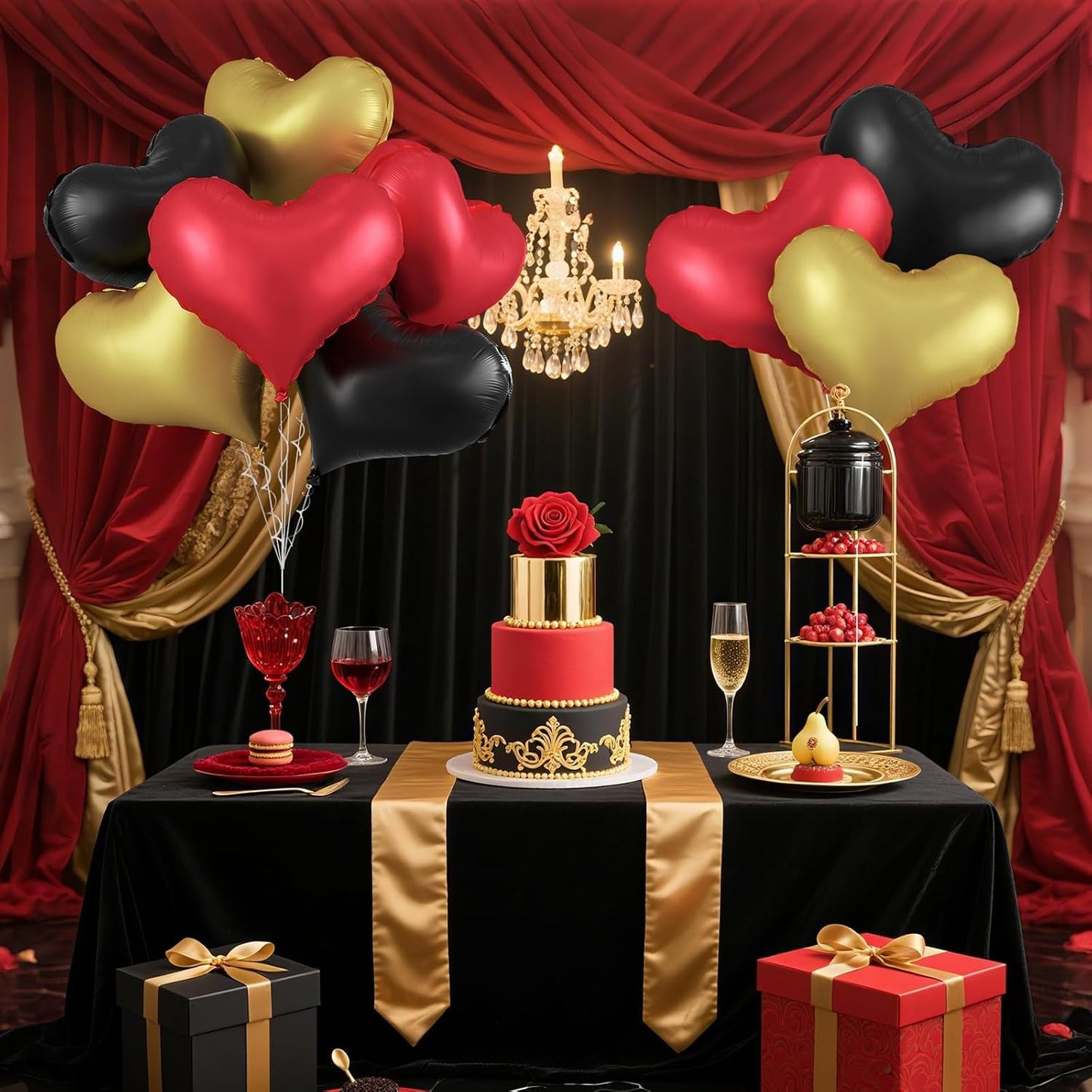 Black Red Gold Heart Balloons,24Inch Large Heart Foil Balloons for Valentine's Day Birthday Wedding Baby Shower Anniversary Party Decorations