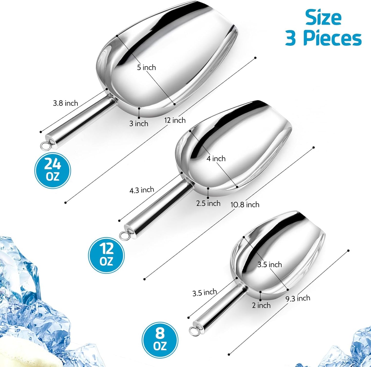 P&P CHEF Canister Scoop Set of 3, Ice Candy Scoop, Stainless Steel Multipurpose Food Scooper for Buffet Jar Freezer, Mirror Finish & Dishwasher Safe, Silver, 8+12+24 Oz
