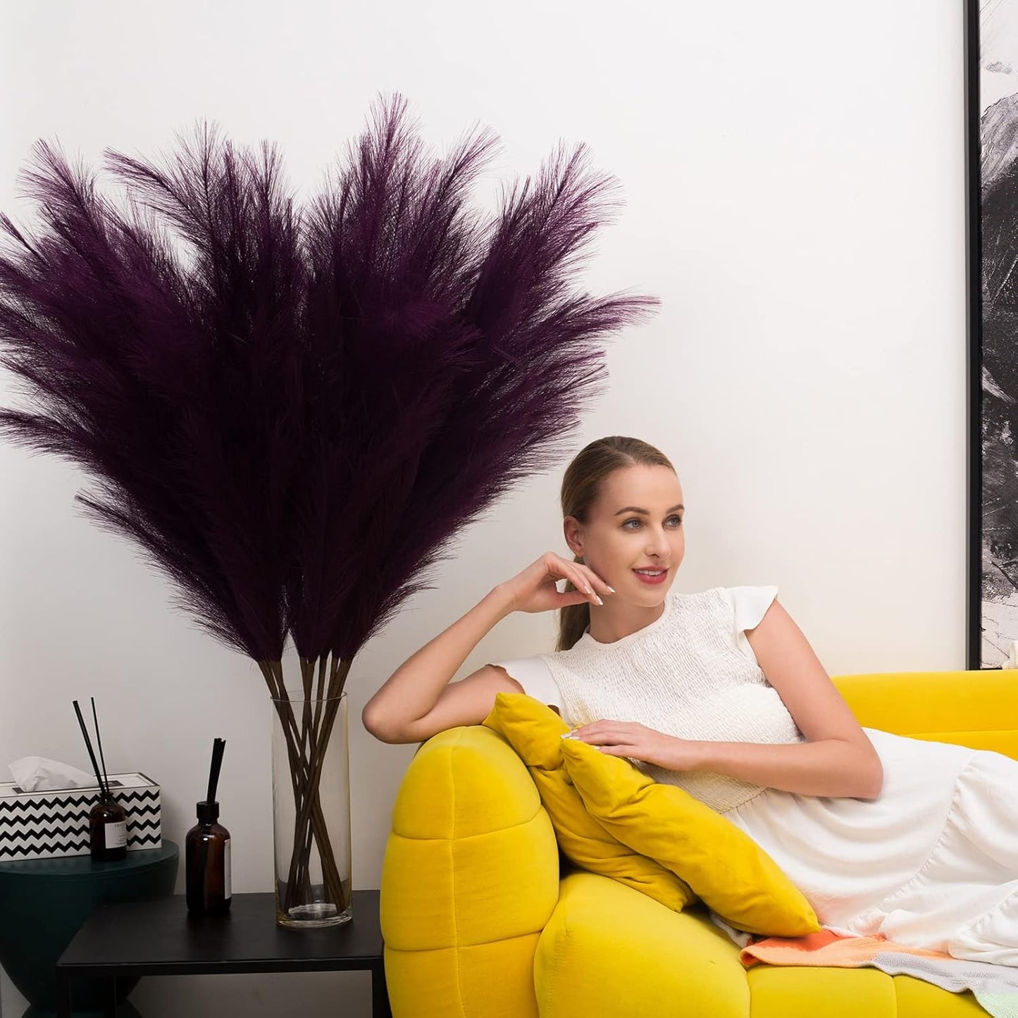 EVODIS Pampas Grass Decor Tall, 43"/110cm Faux Pampas Grass 6 Stems Large Pompass Grass Branches Tall Bulk Boho Flower Arrangement for Home Room Wedding Party Decor(Purple)