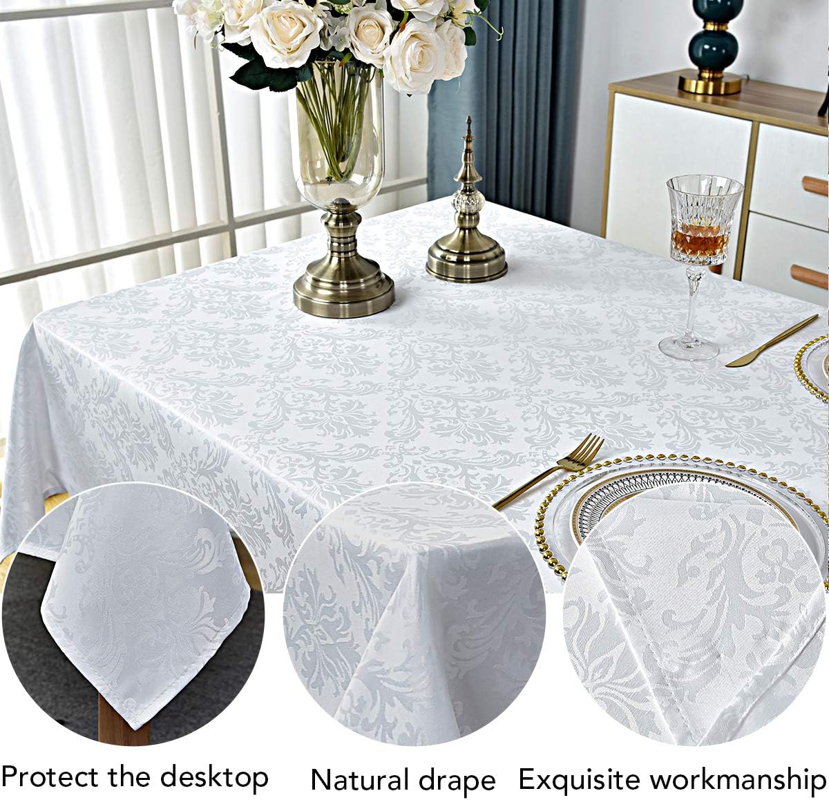 SASTYBALE Square Tablecloth - 52 Inch White Damask Table Cloth Jacquard Design Spill Proof Wrinkle Resistant Waterproof Soft Polyester Table Cover for Kitchen Parties Tabletop