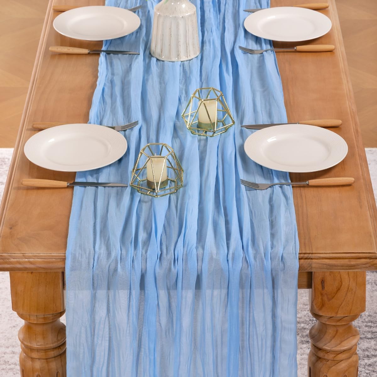 MLMW 6 Pack Light Blue Cheesecloth Table Runner Boho Gauze Rustic Cheese Cloth 160 inch Sheer Baby Blue Coastal Table Runner 13.3ft for Wedding Party Baby Bridal Shower Birthday
