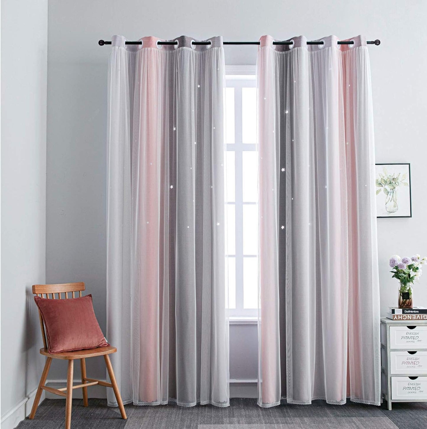 FANLI Ombre Rainbow Blackout Curtains for Kid Girls Bedroom Living Room Darking Stripe Double Layer Star Cut Out Wall Home Decor Gradient Grommet Window Curtains (Pink/Grey, 52W x 95L)