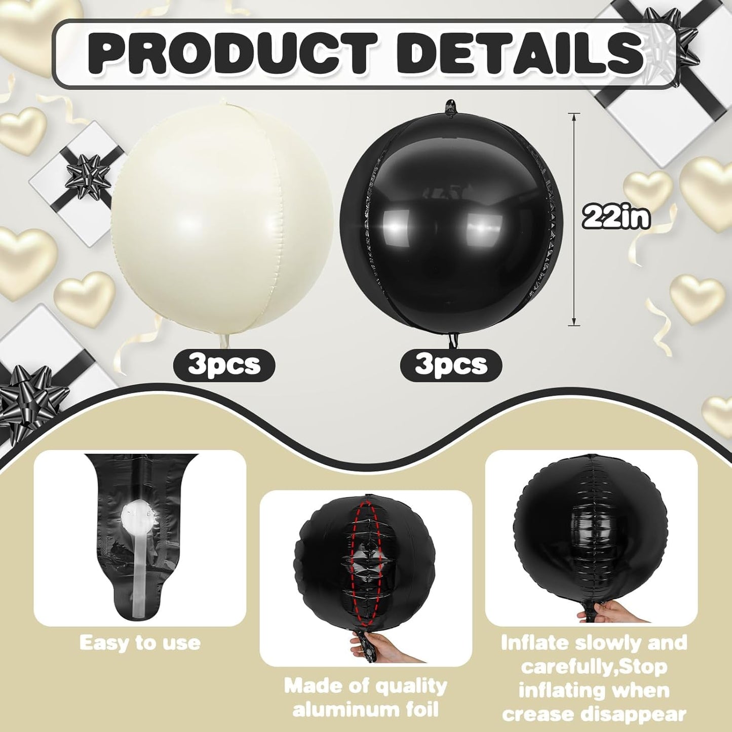 6Pcs Black Sand White Round Foil Balloons,Giant 4D Round Ball Balloon,22 Inch Balloons for Birthday Wedding Bridal Shower Bachelorette Party Decorations