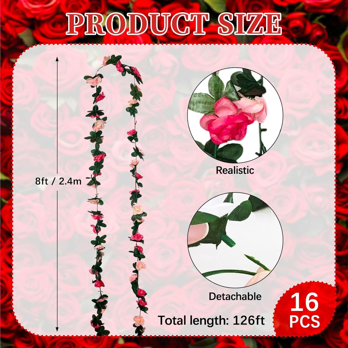 16Pcs 126Ft Pink Rose Garland, Fake Rose Hanging Flowers, Artificial Flower Vine, Hanging Floral Vine Garland for Wedding, Birthday Party, Wall Arch, Halloween, Christmas Garden Backdrop Decor