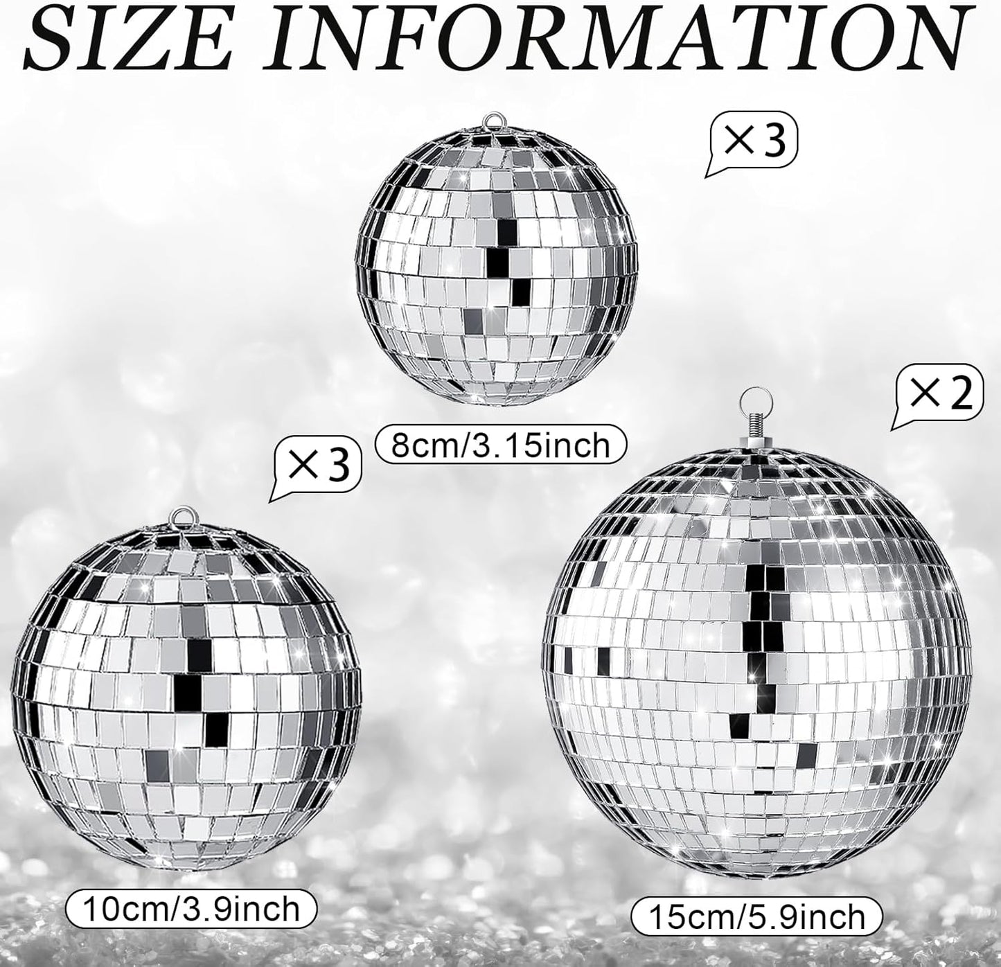 Haull 8 Pcs Large Disco Ball Set Silver Mirror Disco Reflective Ball with Hanging Ring Party Ornament Decoration for Stage Club Ballroom Dance Hall Wedding Prom Props(3'', 4'', 6'')