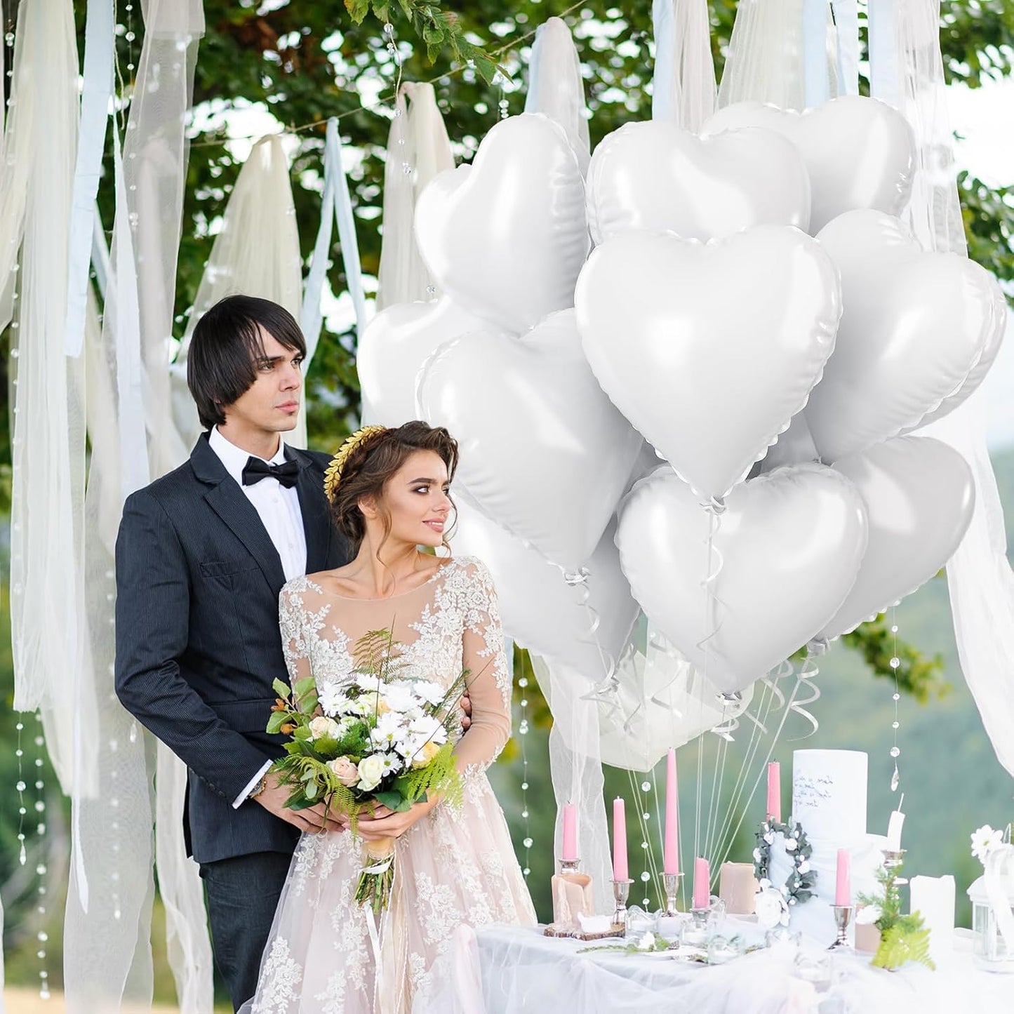 White Heart Foil Balloons, 18 Inch, 12Pcs Large Helium Balloons for Wedding, Birthday, Baby Shower, Bridal, Valentine, Graduation Party Decorations
