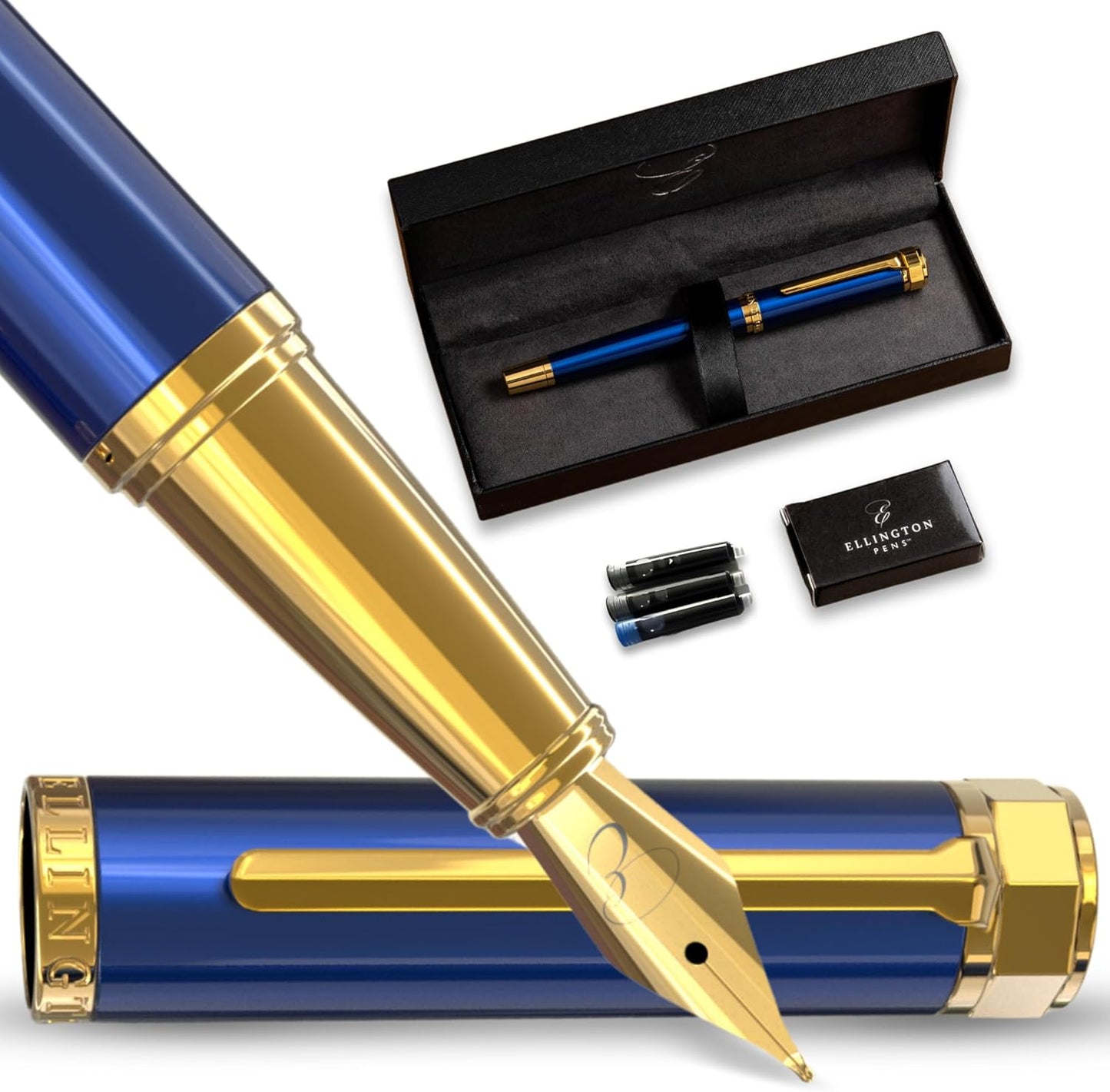 Ellington Pens Luxury Fountain Pen Set- Fountain Pens for Writing - Smooth Medium Nib - Includes Refillable Ink Converter, 3 Ink Cartridges [Black & Blue], Gift Box - Elegant Calligraphy