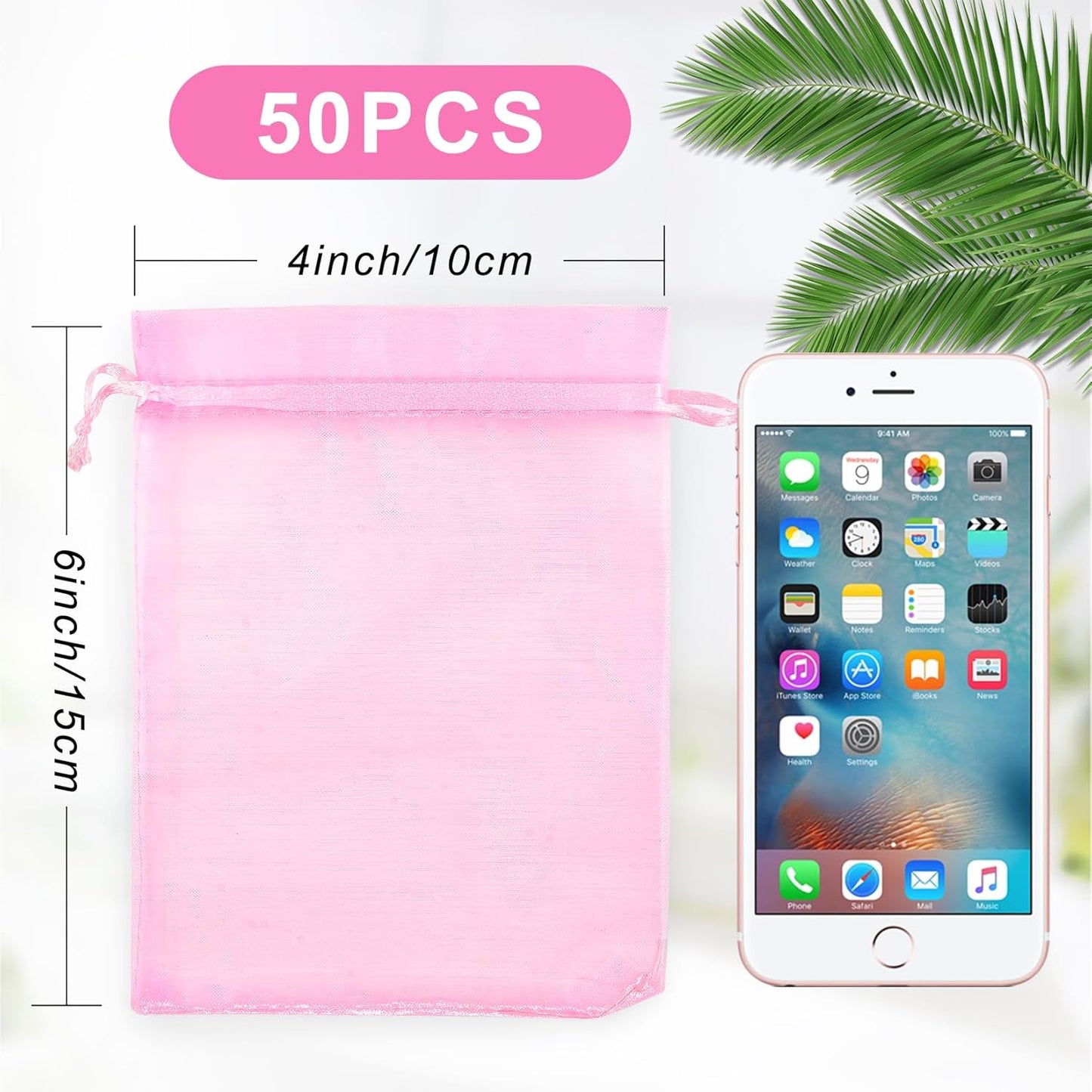 ANZNKU 50 Pack Organza Bags 4 x 6 inch Premium Sheer Drawstring Organza Bags for Candy Jewelry Party Wedding Christmas Favor Gift Bag (Pink)