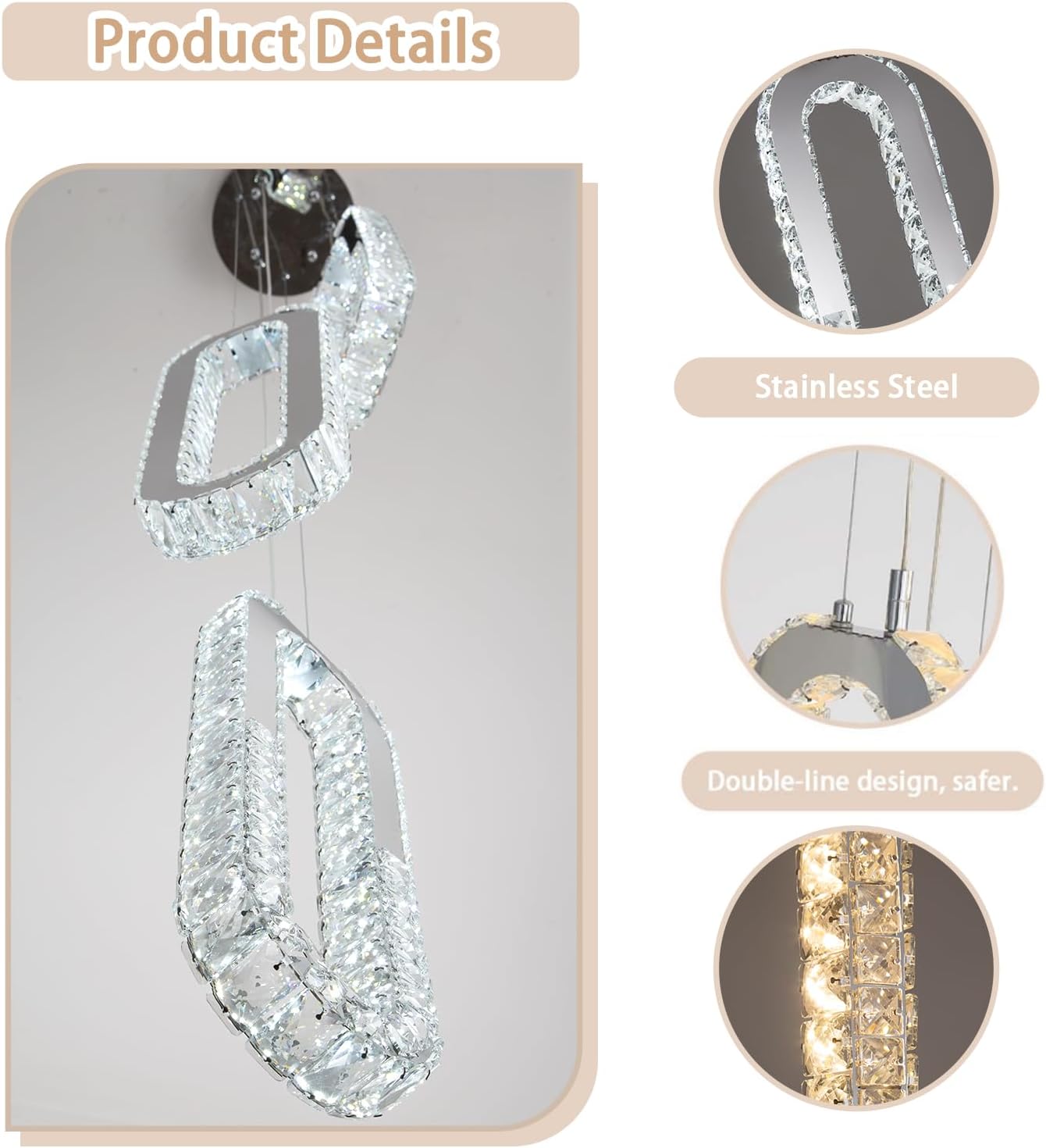 5 Rings Crystal Chandeliers for Staircase Large Pendants Light Fixture Silver High Ceiling Chandelier for Entryway Bedroom Foyer 2700K-6000K