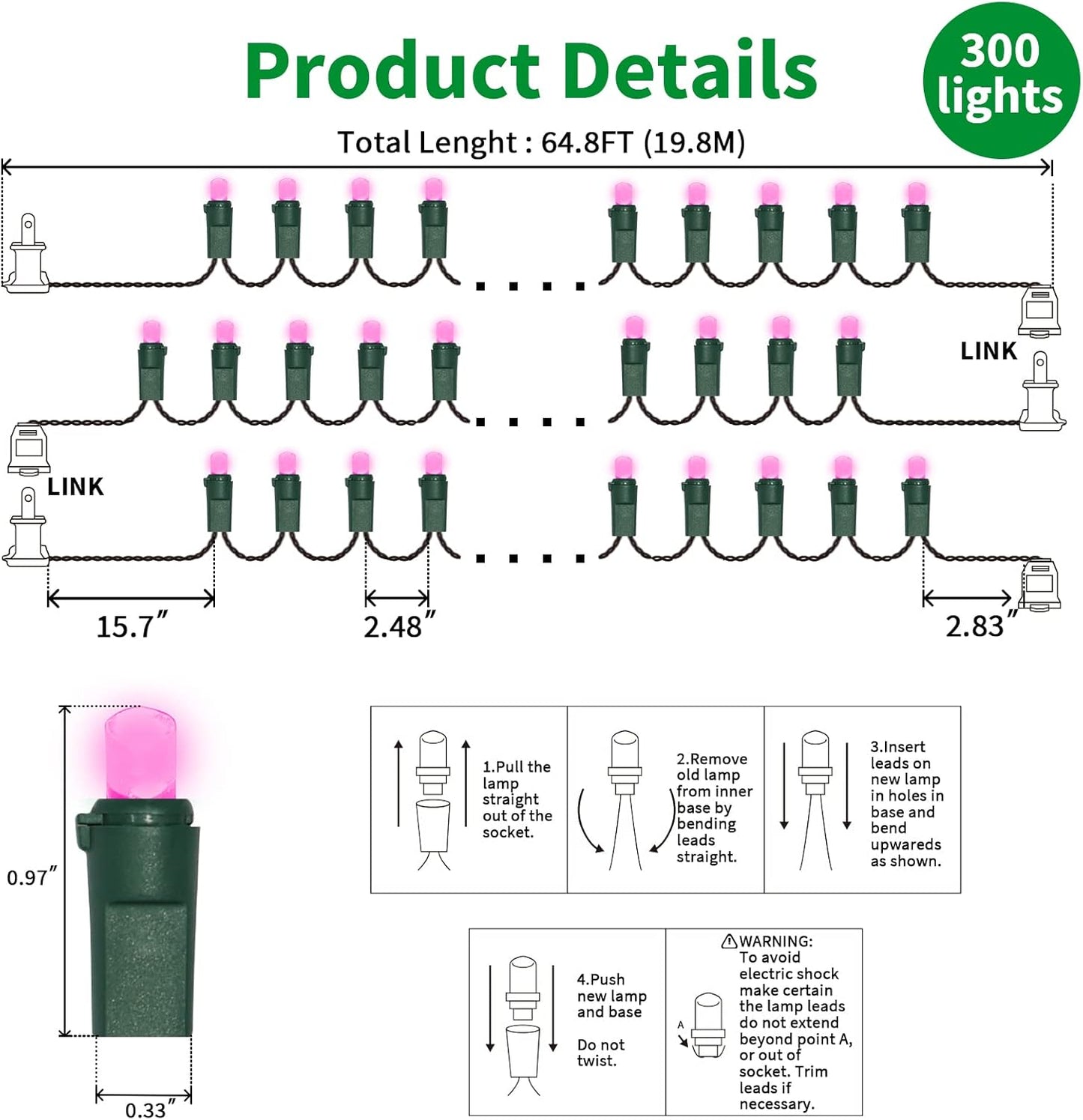 Pink Wide Angle LED String Lights, 64.8 Ft 300 Count, Pack of 3 Strands 21.9 Ft 100 Lights UL Certified Commercial Grade Green Wire 5mm Holiday String Light