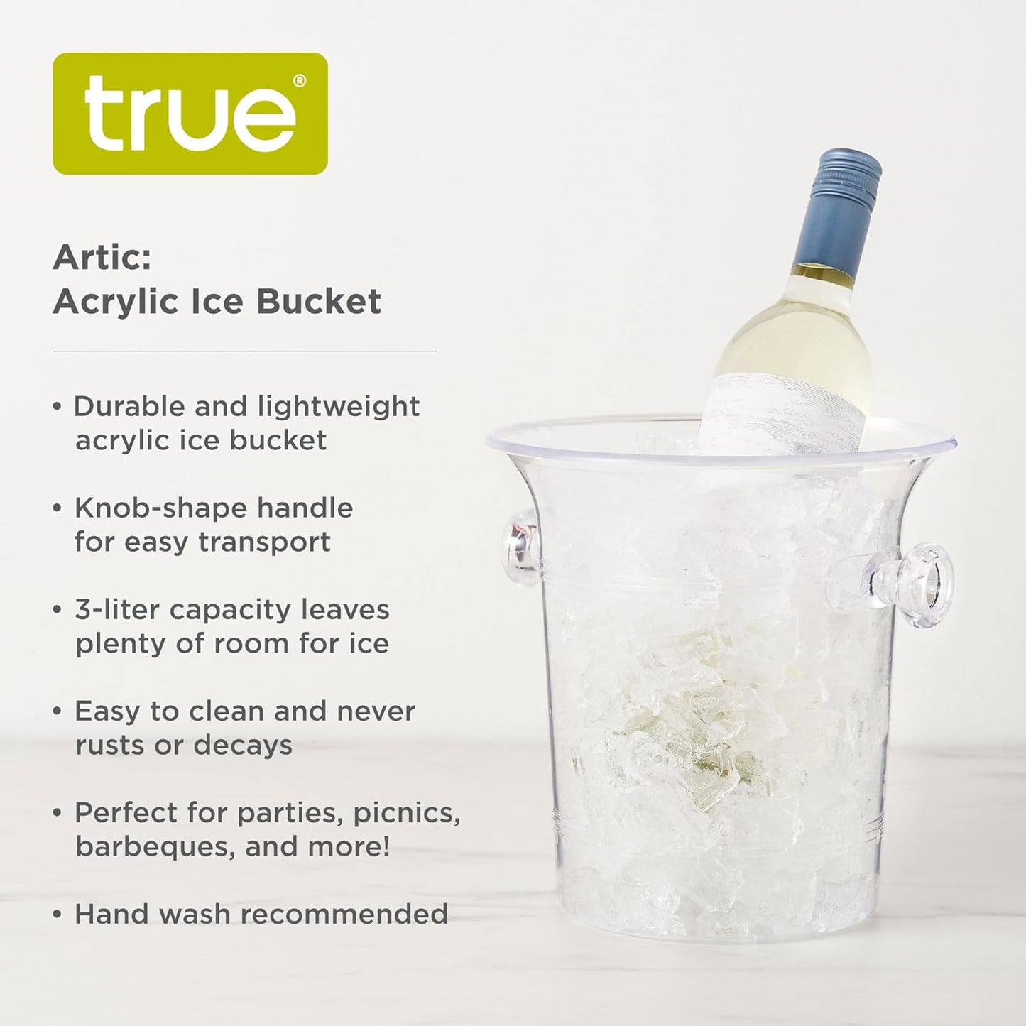 True Clear Acrylic Ice Bucket with Handles, 3-Liter Capacity, Durable Wine and Champagne Bucket, Perfect Ice Buckets for Parties, BBQs, Weddings, Picnics, Holidays, Outdoors, 8.75" x 8.25", Set of 1