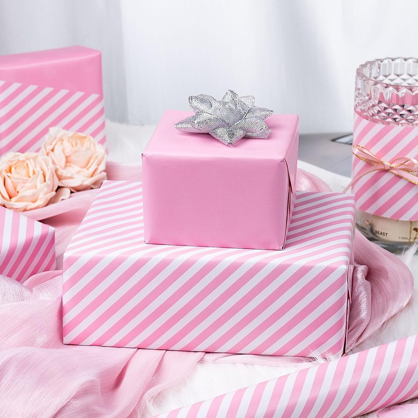 Burymento Pink and White Stripes Wrapping Paper, Reversible Pink Gift Wrap for Birthday, Valentines, Mothers day, Graduation, Wedding, Fathers day, Baby Shower, Christmas (17in x 32.8ft)