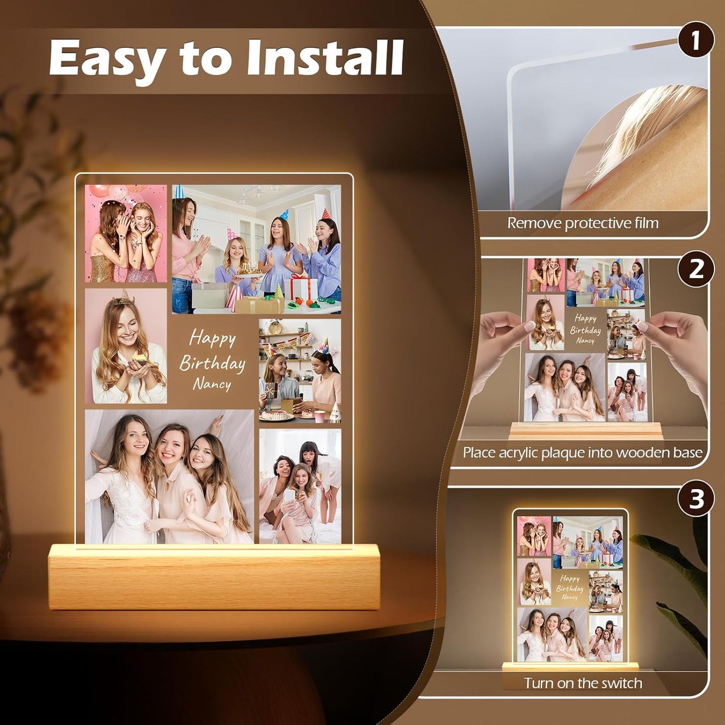 Custom Picture Frames with Photo, Personalized Photo Frame with Night Light, Customized Picture Frames, Personalized Birthday Gifts for Women, Her, Bestie, Best Friends