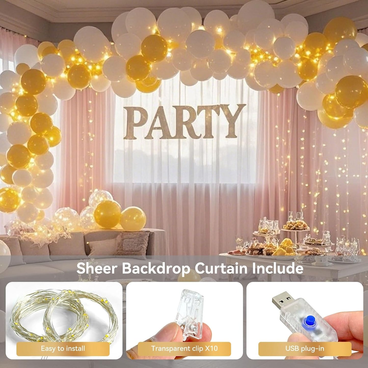 10×10ft Tulle Backdrop Curtains with Lights String - 300LED Fairy Lights Sheer Curtain Backdrop for Weddings Baby Shower and Birthday Party Decorations(2 Panels 5×10ft)