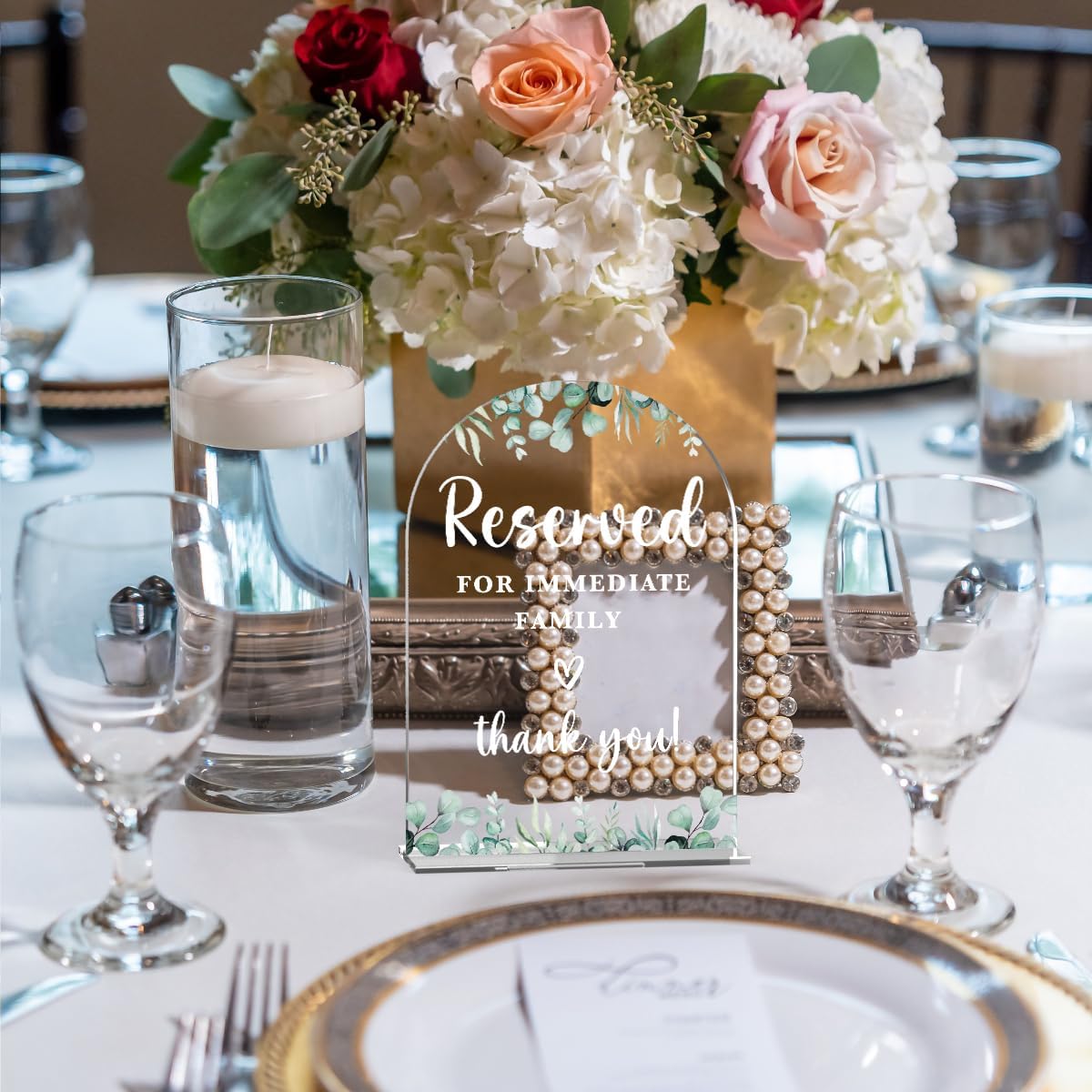 Acrylic Wedding Sign Reserved for Immediate Family Signs for Ceremony Modern Calligraphy Arch Acrylic Table Top Signs for Wedding Reception and Event Party Table Decor (Eucalyptus Leaves)