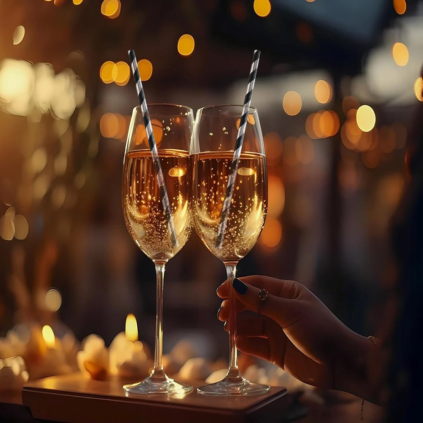 Disposable Paper Straws - Black Silver Striped Drinking Straws for Bar, Wedding, Brithday, Party Supply, Cake Pop Sticks, Cocktail, Drinks, 7.75" x 0.24"