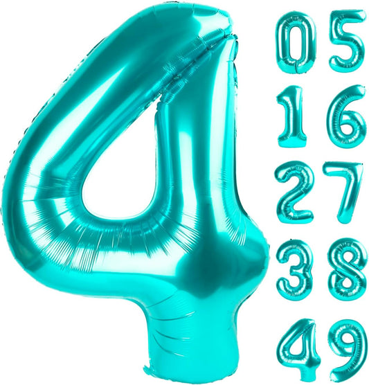40 Inch Teal Blue Large Number 4 Birthday Balloon, Giant Number Four 14 24 34 40 44 Balloons, Teal Blue Foil Mylar Big Balloons for Anniversary Graduation Supplies Decorations