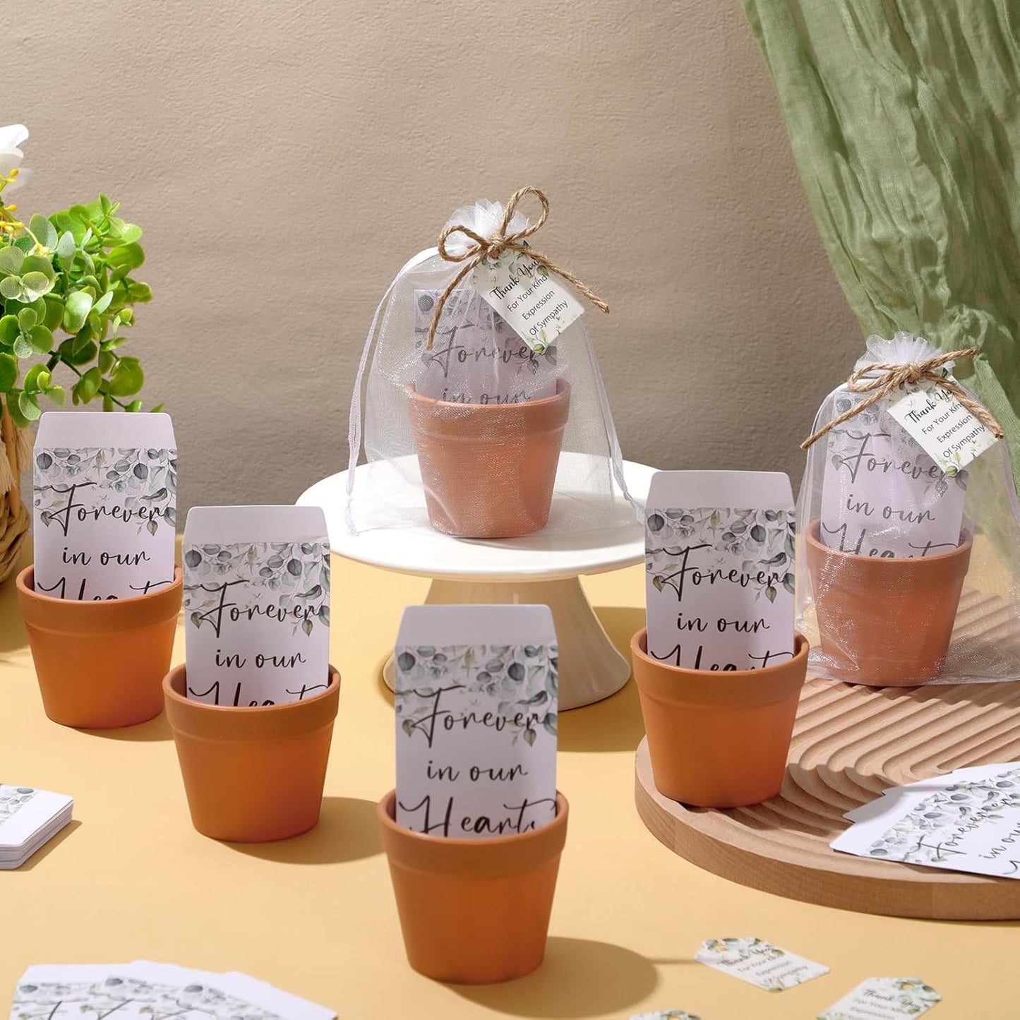 Ctosree 50 Sets Funeral Favors for Guests Greenery Celebration of Life Gifts Include Seed Packet Flowerpot Thank You Cards Hemp Ropes Organza Bags for Guest Funeral Party Memorial Party Return Gifts