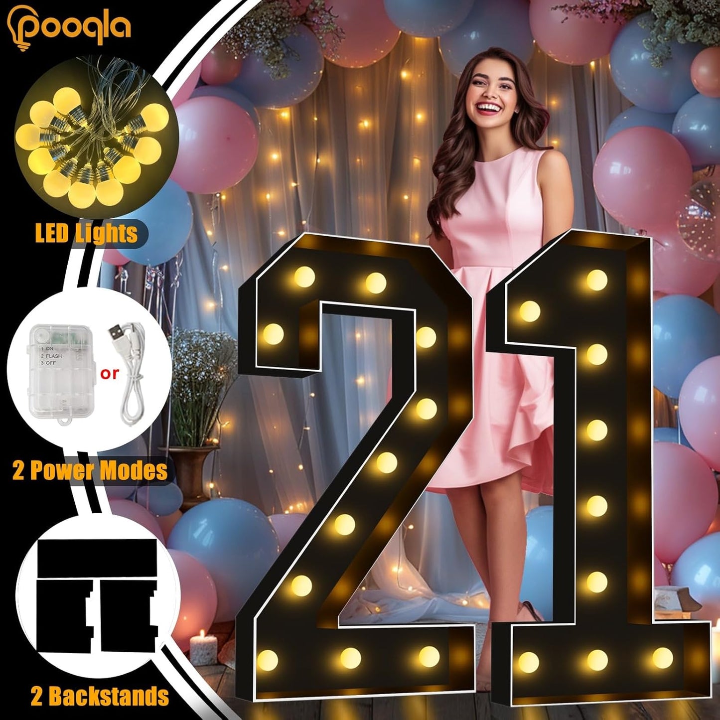 Pooqla 4 FT Light Up Marquee Numbers, Black Marquee Number Lights 4 Feet Tall for 6th 16th 60th Birthday, Giant Letter Big Mosaic Numbers for Balloons Party Anniversary Wedding Decorations, Number 6