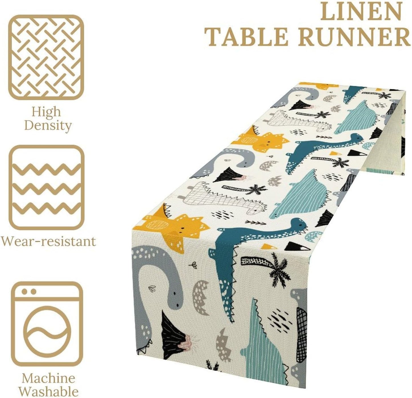 Cartoon Dinosaur Table Runner,Kids Boys Cute Various Dino Moutain Modern Abstract Print Tablecloth Burlap for Hotel Indoors Outdoor Dining Room Kitchen Holiday Party, 13x70in