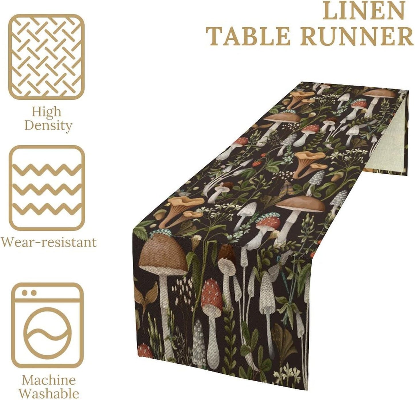 Mushroom Table Runner,Retro Forest Wildflower Botanical Plants Flower Art Pattern Print Burlap Hotel Indoors Outdoor Dining Room Kitchen Holiday Party, 13x108in