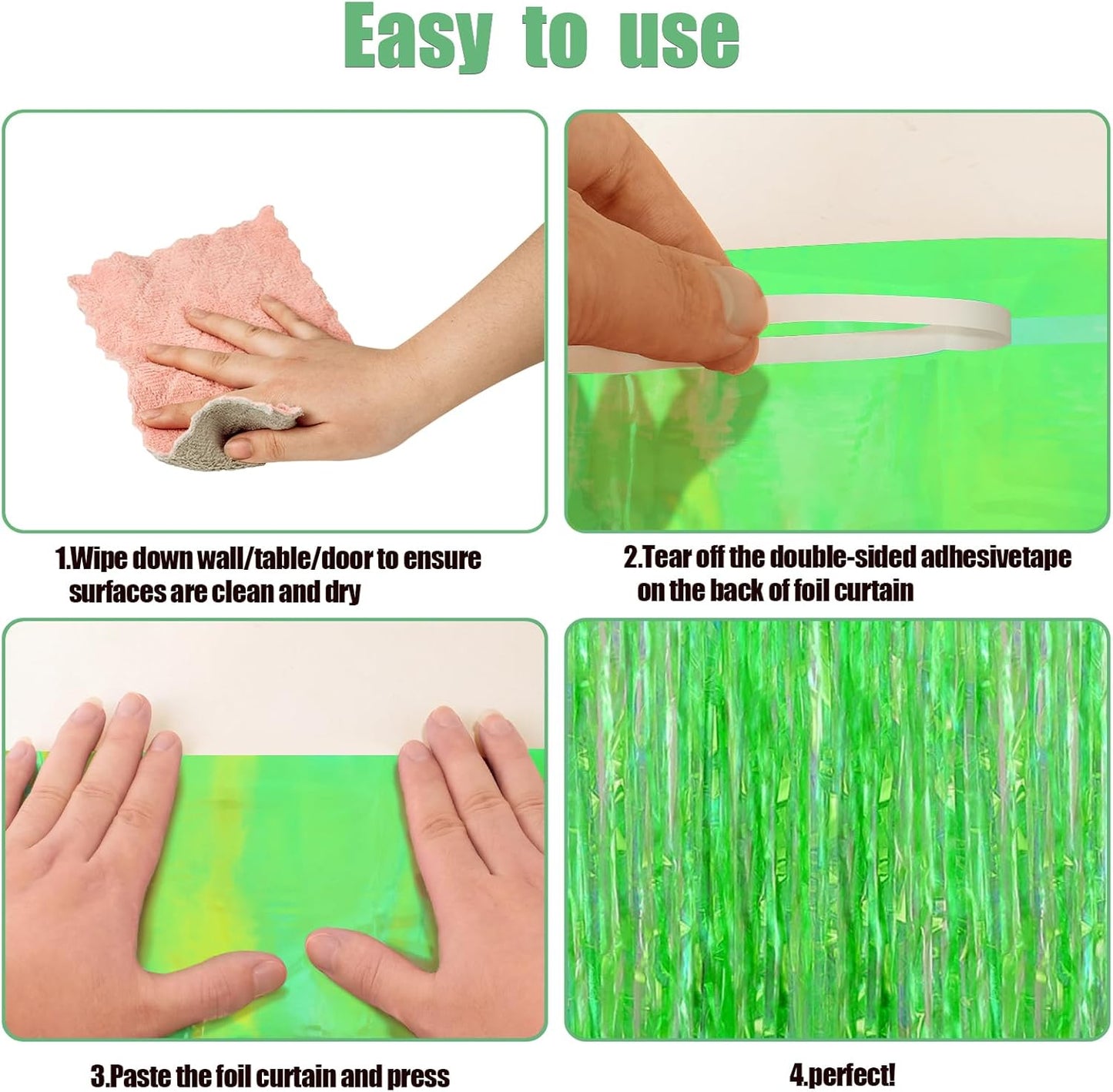 CANREVEL 2 Pack 3.2x6.5 Feet Iridescent Foil Fringe Backdrop Curtains, Clear Green Tinsel Photo Booth Props Streamers Party Decorations for Birthdays Jungle Safari Tropical Party Christmas Decorations