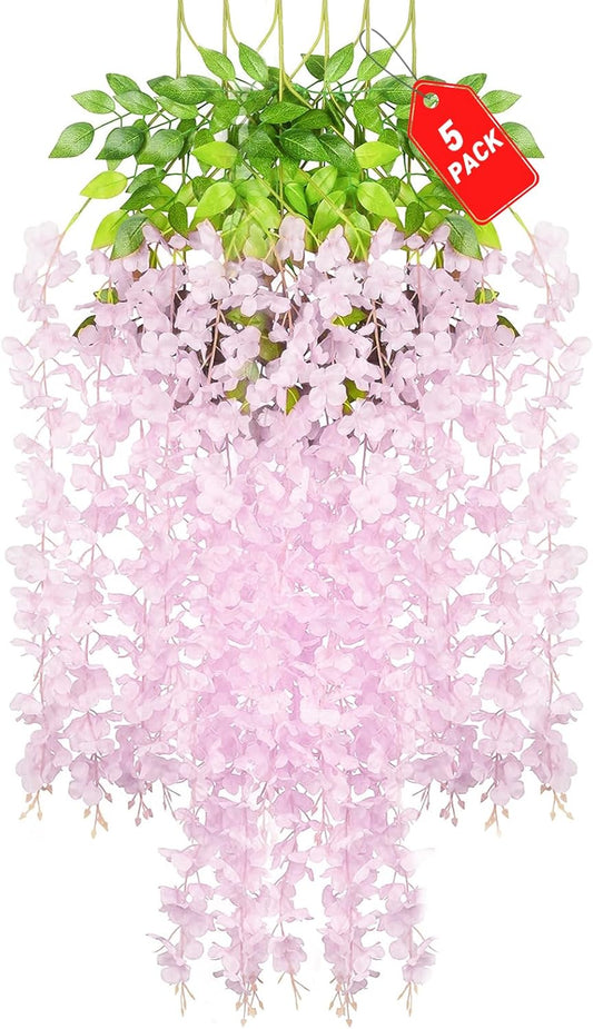 5 Pack Pink Wisteria Hanging Flowers, 3.44 Ft Fake Hanging Flowers, Artificial Wisteria Garland Vines for Wedding Room Backdrop Outdoor Patio Garden Decoration