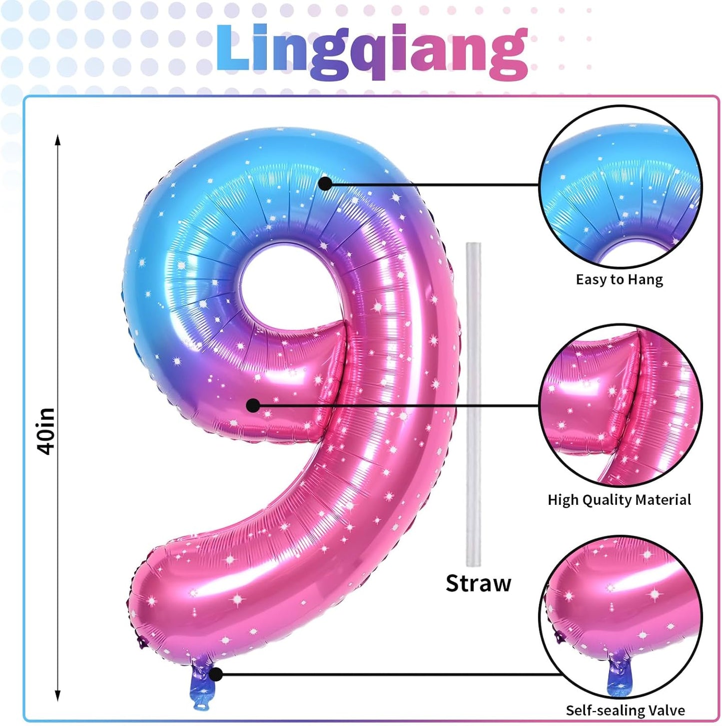 40 Inch Rainbow Gradient Balloon Number 9 Beige, Large Blue Pink Purple Foil Number Balloons Set 0-9, Starry Digital 9 Helium Balloons for Girls Women 9th Birthday Anniversary Party Decoration