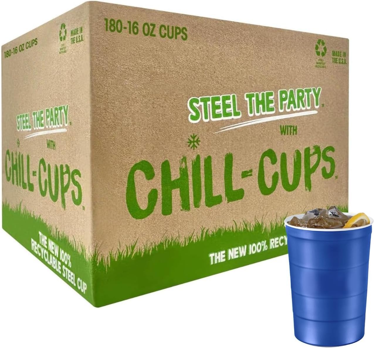 16 oz. Party Cups, Perfect for Cold Drinks, Sturdy & Durable, Disposable and 100% Recyclable, Made in USA, Blue, 180 Count