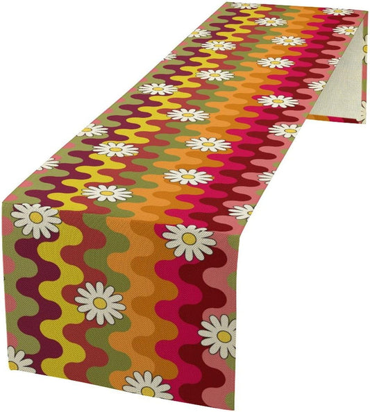 Vintage Floral Table Runner,60s 70s Colorful Retro Abstract Hippie Print Table Runner for Kitchen Dining Table Home Party Decoration 13x60 Inch