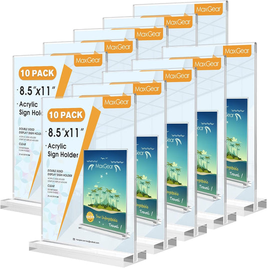MaxGear Acrylic Sign Holder 8.5 X 11 Inches 10 Pack, Double Sided Plastic Display Stands Table Top Acrylic Frame, Clear Paper Holder Menu Flyer Stand for Stores, Restaurants, Hotels, Office