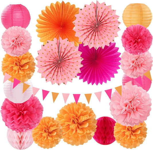 Pink-Orange Fall Party-Decorations Paper-Flowers Lanterns - 20PCS Autumn Wedding Birthday Tissue Pom Poms Streamers Fans Honeycomb, Groovy Boho Baby Shower Rustic Hanging Supplies Decor Burgleda